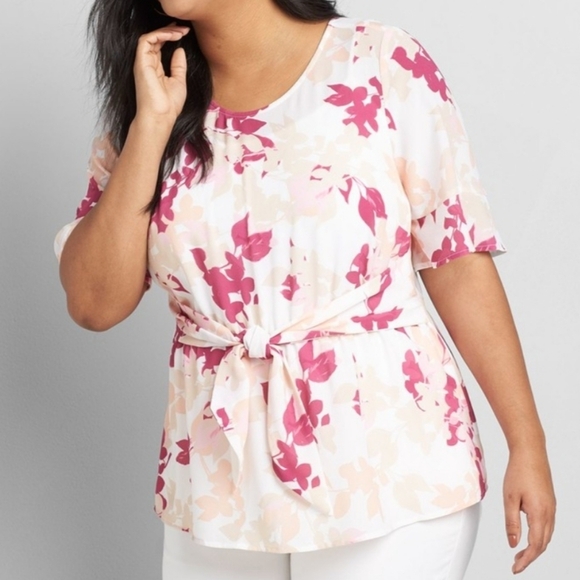 Lane Bryant Feminine Classy Short Sleeve Floral Tie Front Blouse Top NWT 34/36 - Picture 13 of 13